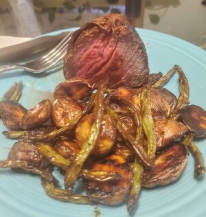 filet marinated soy Maderia  Garlic with Sirachi potatos & charred green beans.jpg