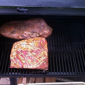 Brisket and plate ribs on cooker.JPG