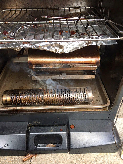 1 Setting up - smoke tube, alum on drip pan, Maver