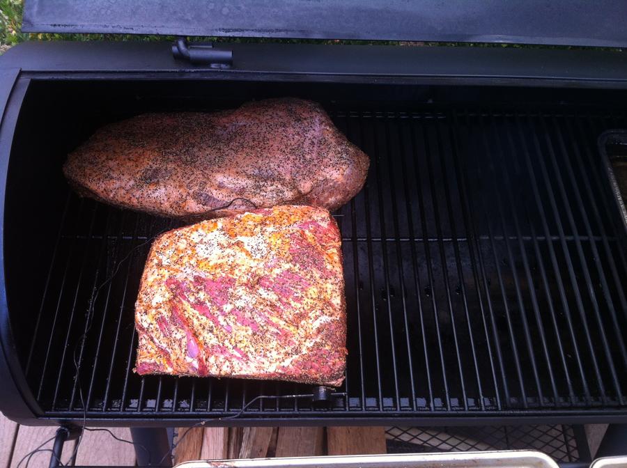 Brisket and plate ribs on cooker.JPG
