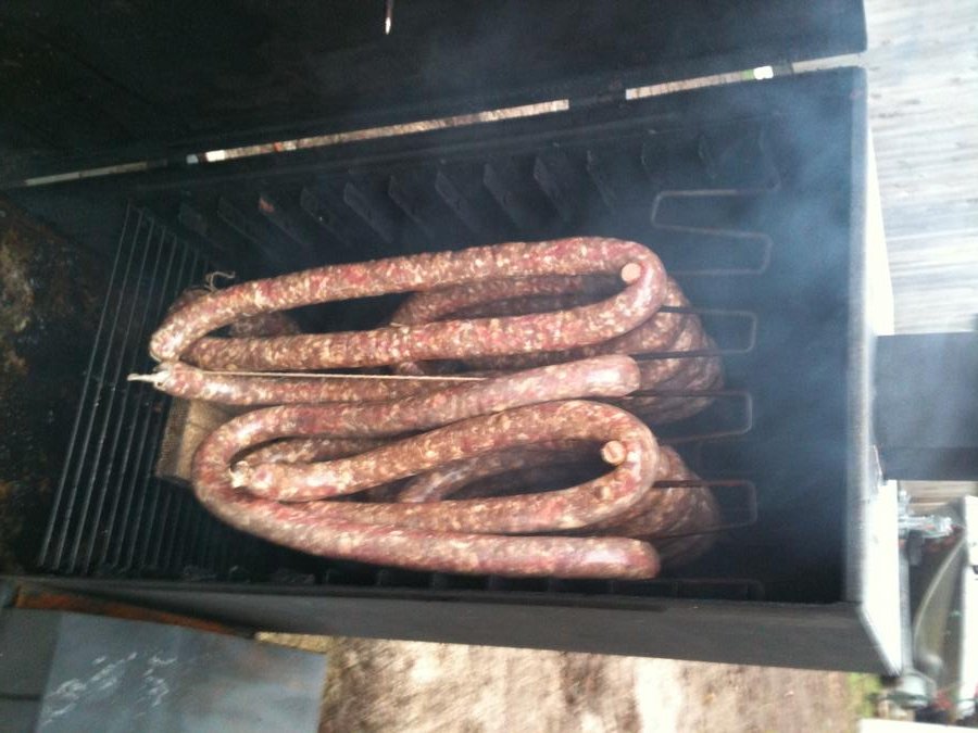 Keilbasa in smoker.JPG