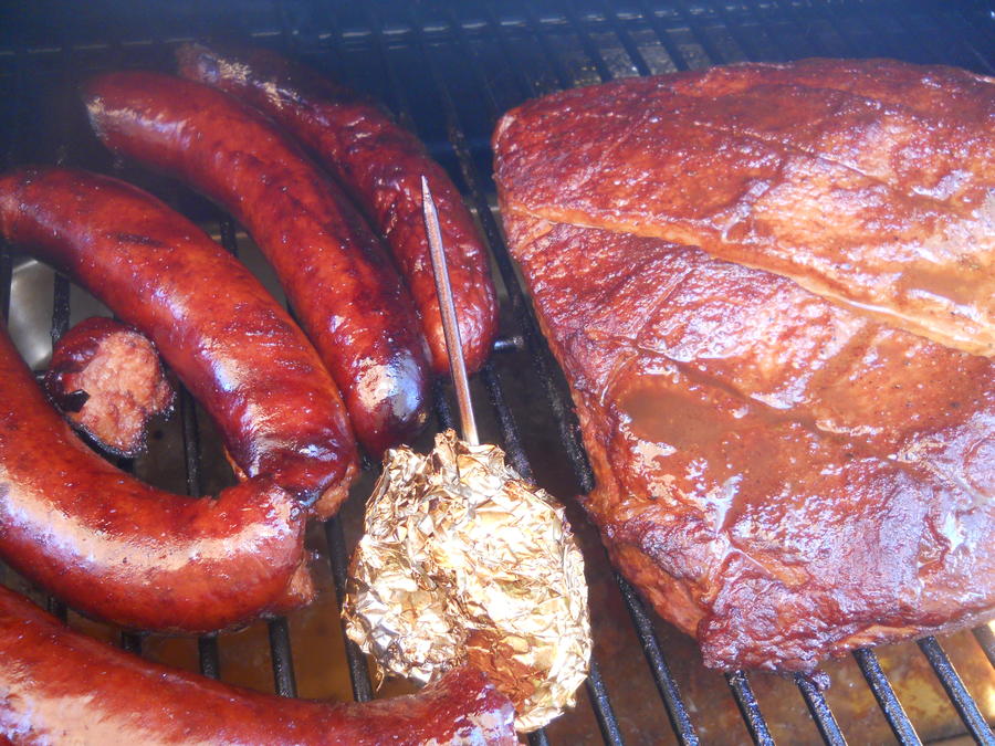 Smoking brisket and keilbasa - Q-view 1A.JPG